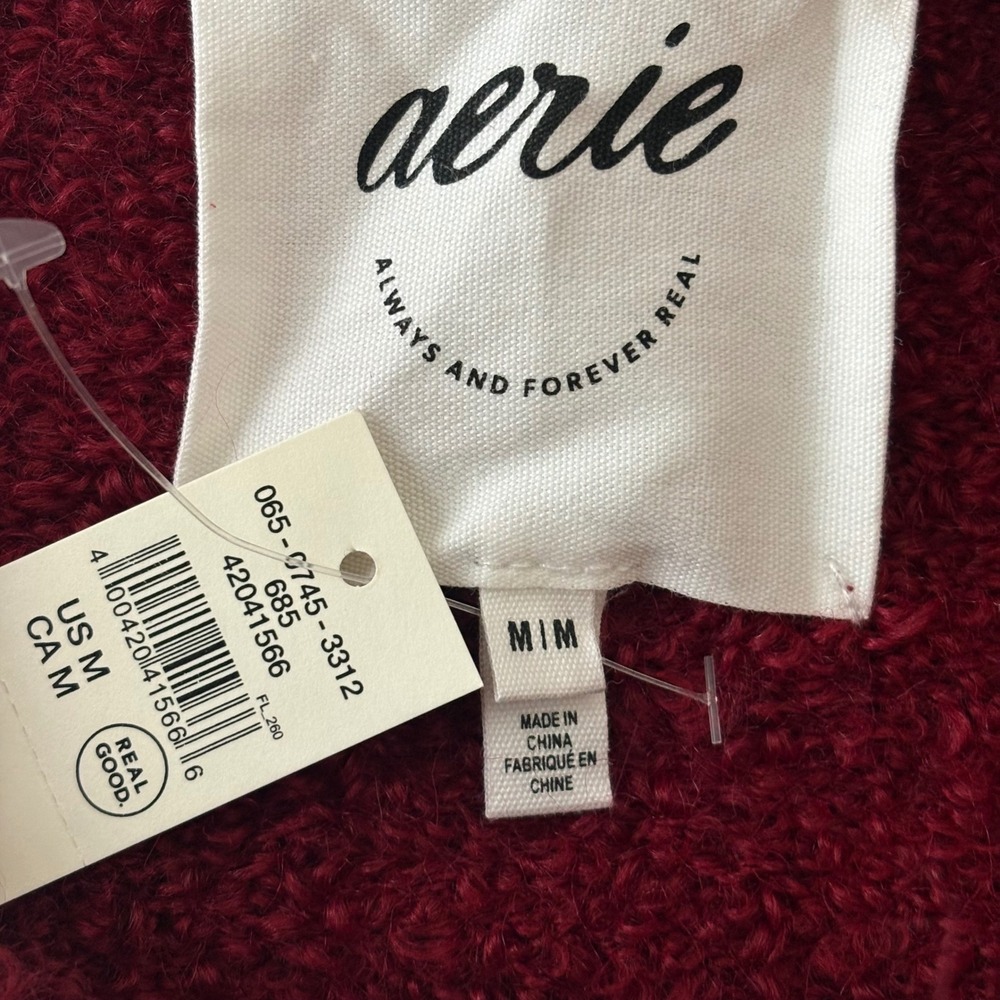 Aerie Womens Boucle V-Neck‎ Textured Pullover Sweater Size M Red Oversized Cozy - Picture 5 of 6